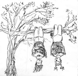 Mary Hopkin drawing of hanging upside down as a child from a tree