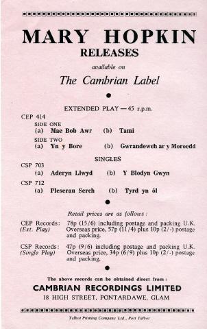 Mary's releases on Cambrian Records